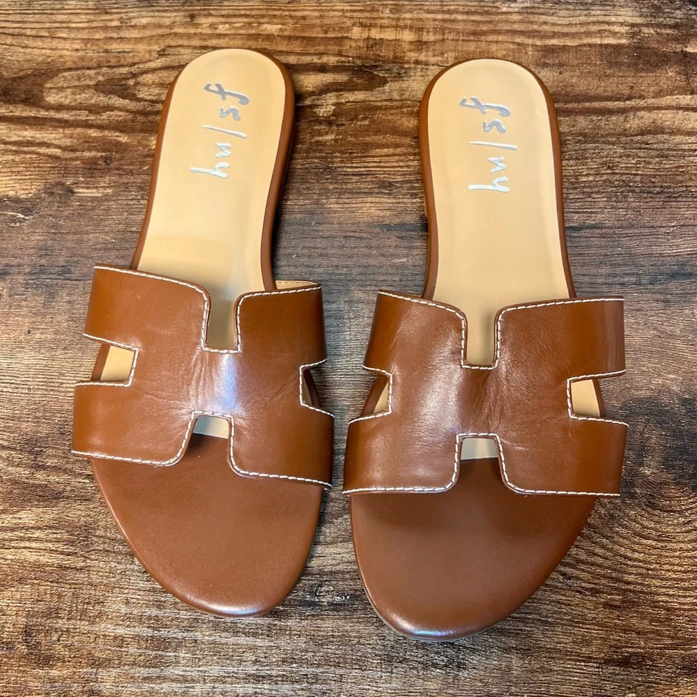 French Sole Alibi Brown Leather Flat Sandals Slip On Open Round Toe Women's 9.5 - Picture 4 of 10